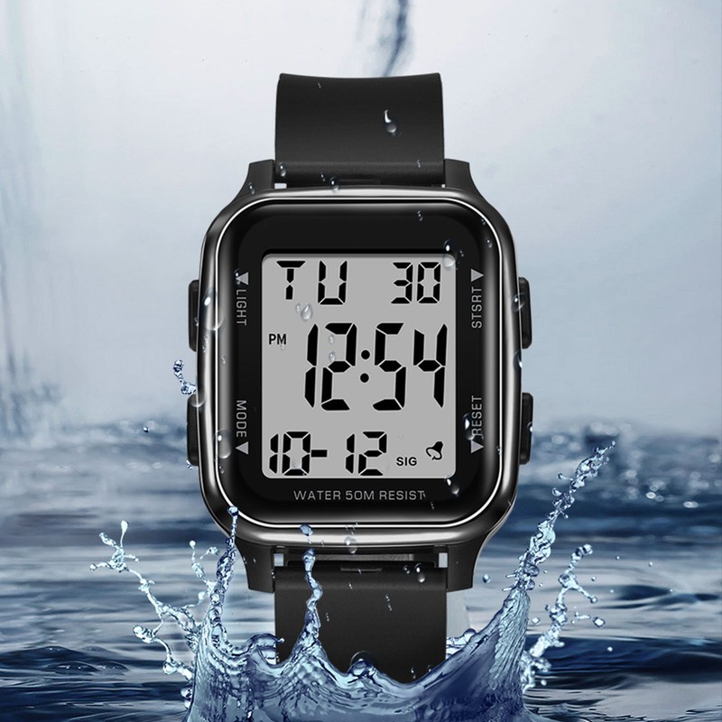 Digital Watch EL Backlit Waterproof Multifunctional Stylish Square Watch for