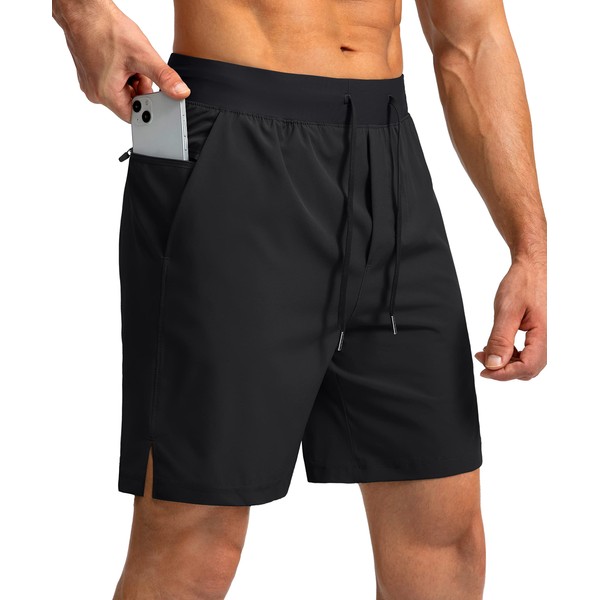 Men's Running Shorts with Zipper Pockets 7 Inch Lightweight Quick Dry Gym Athletic Workout Shorts for Men (Black, L)