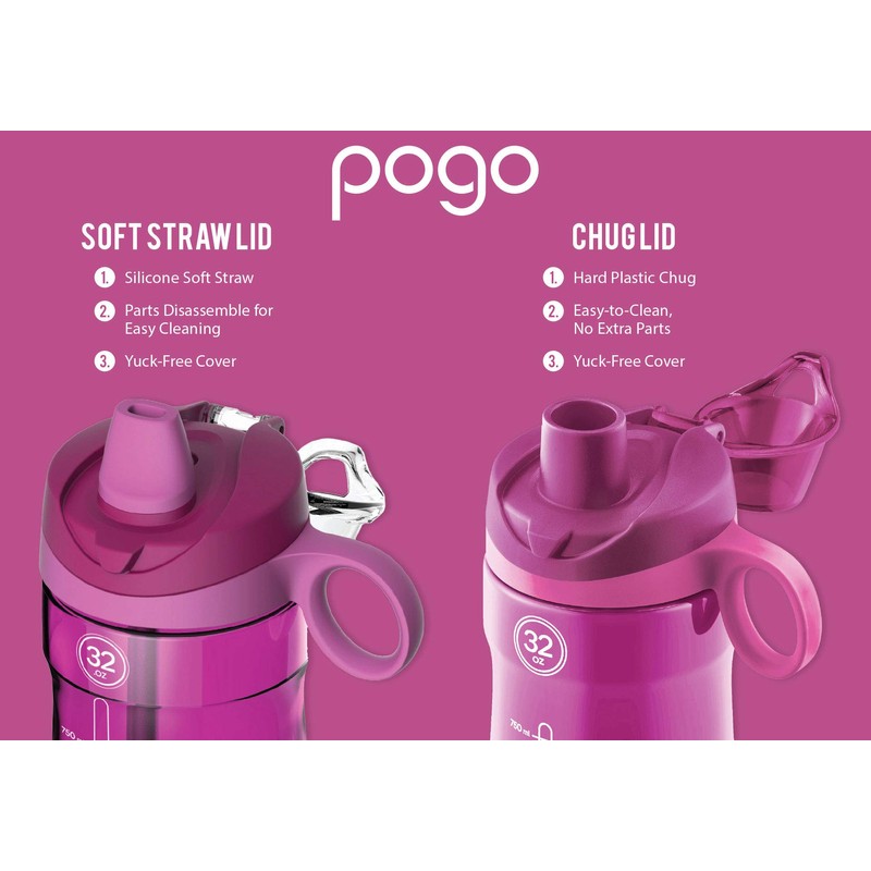 Pogo Tritan Water Bottle with Soft Straw, Fuchsia, 32 Oz.