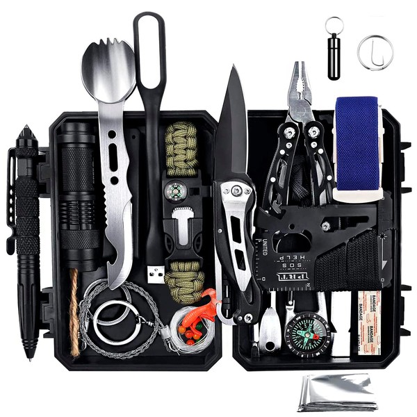 ANTARCTICA Emergency Survival Gear Kits 60 in 1, Outdoor Survival Tool with Emergency Bracelet Whistle Flashlight Pliers Pen Wire Saw for Camping, Hiking, Climbing,Car