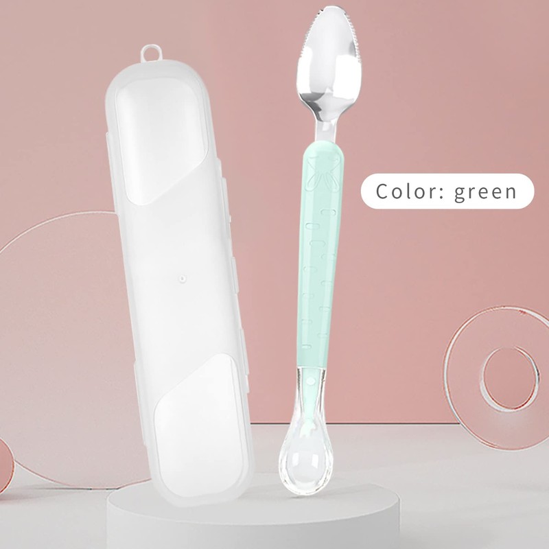 Double Head Baby Silicone Food Spoon (Green) - Fruit Scraping