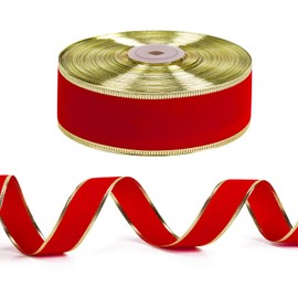 RUSPEPA Wired Christmas Holiday Ribbon - Red with Gold Edges Velvet Ribbon - 38 mm x 22 m Each Roll