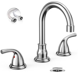 Phiestina Brushed Nickel 8 Inch 3 Hole Bathroom Sink Faucet, 2 Handle Widespread Bathroom Faucet with Metal Pop up Drain and Water Supply Lines, BF03065-B11-GBN