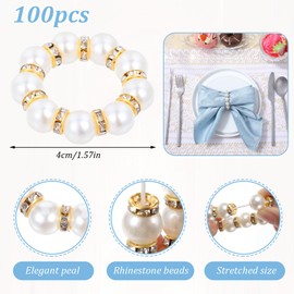 100Pcs Pearl Napkin Rings, Gold Imitation Pearl Napkin Holder, Bulk Beaded Serviette Buckles for Wedding Party Dinner Table Decor