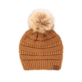 CC Fur Pom Winter Fall Trendy Chunky Stretchy Cable Knit Beanie Hat (Solid Golden Walnut)