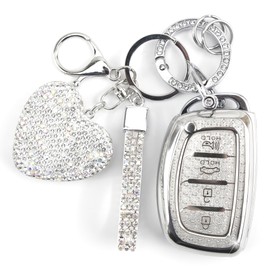 YIKECASE Key Fob Cover with Diamond Keychain Car Key Holder Case Compatible with Smart Remote Key Protector for Women, 4 Buttons (Silver-Heart)