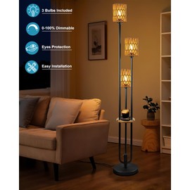 ACOHOOK 63IN Dimmable Floor Lamp with Shelf, Black Rattan Tall Standing Lamps Candle Holder Style, 3000K Warmwhite Mid Century Modern Floor Lamp for Living Room (Bulbs Included)