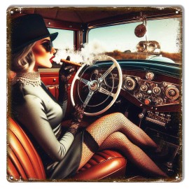 Handmade Woman With Cigar in Car 12x12 Metal Sign