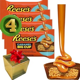 (PACK OF 4) Big Cup Reeses Caramel Peanut Butter Cups - 1.3oz Each - Comes Inside a Gift Box Perfect To Surprise Yourself/Friend/Loved One (Big, Caramel)