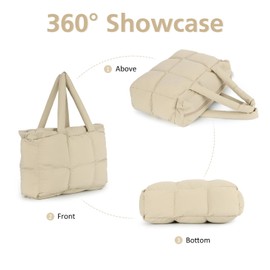 Jywmsc Buffer Tote Bag for Women Large Quilted Padded Handbags Lightweight Shoulder Bags for Travel Gym Shopping Work, khaki