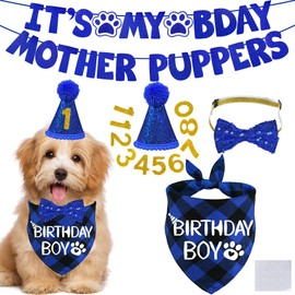 STMK Dog Birthday Decorations, Multi Sizes Dog Birthday Hat with Numbers Bandana Bow Tie It’s My Bday Mother Puppers Banner for Small Medium Dogs Pets (Blue, Small)