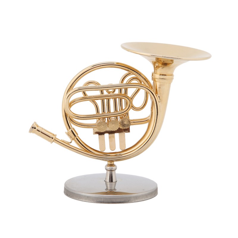 4in Miniature Golden French Horn Replica with Stand Instrument Model