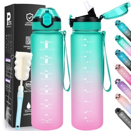 AOPREL Drinking Bottle 1 Litre with Straw, PCTG Sports Water Bottles, BPA-Free, Leak-Proof, Motivational Sports Bottle with Time Markings, Dishwasher-Safe Drinking Bottle for Sports, Gym, School