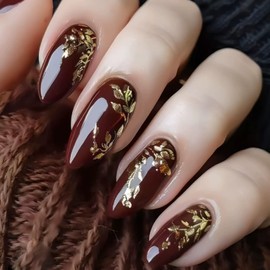 24Pcs Brown Press on Nails Medium Almond False Nails Fall Press on Acrylic Nails with Gold Leaf Design Fake Nails Full Cover Glue on Nail Glossy Artificial Autumn Stick on Nail for Women