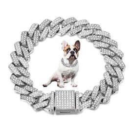Silver Cat Chain Collar, Rhinestone Dog Chain Diamond Bling Necklace Glitter Sparkly Cute Jewelry Metal Cuban Link Puppy Collars for XXS XS Small Medium Dogs Female Pets Girl Boy Kitten 8 Inch