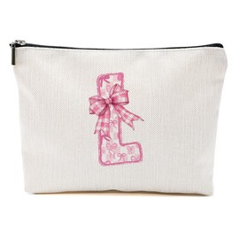 Pink Bow L, Alphabet Makeup Bag for Women, Washable Travel Organizer Toiletry Cosmetic Bag, Coquette Bow Letter Pattern Large Capacity Makeup Pouch with Zipper, Christmas Gifts for Women