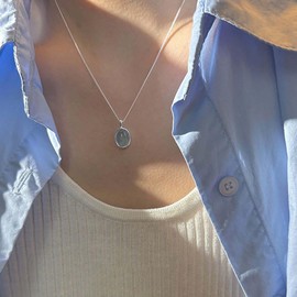 Boho Wedding Oval Blue Crystal Tiny Solitaire Pendant Necklace Silver Dainty Small Opal Necklace Simple Cute Rhinestone Thin Box Chain Cz Choker Gemstone Delicate Minimalist Jewelry for Women