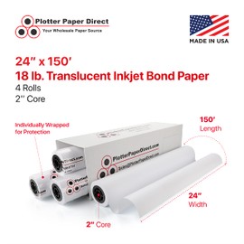Plotter Paper Direct (18lb, Translucent | 4 Rolls, 2" Core | 24 In x 150 Ft) for CAD Printing on Wide Format Ink Jet Printers