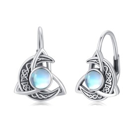 Celtic Moonstone Earrings 925 Sterling Silver Crescent Hoop Earrings Celtic Knot Triangle Vintage Leverback Earring Good Luck Irish Gifts for Women Mothers Day Gifts