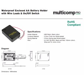 Multicomp Pro 3 x AA Waterproof Battery Casing Enclosure Holder w/Wire Leads & On/Off Switch