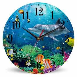 Mxocom Cute Dolphin Wall Clock Coral Colorful Tropical Fish Under The Sea 10 Inch Silent Non Ticking Battery Operated Clock Vintage Round Clock for Living Room Bedroom Bathroom Office Decor