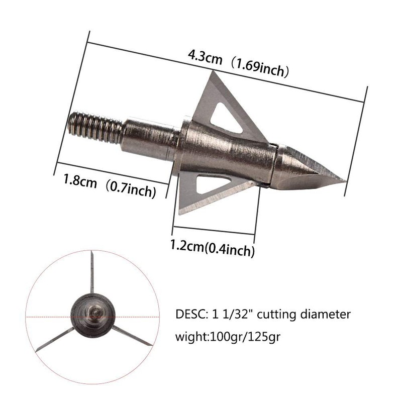 Bowhunting 100 Grain, 3 Blade Broadhead Steel Tips for Archery