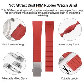 watchdives FKM Rubber Watch Strap, Cut to Size Fast Release Watch Band Soft Replacement Watchband with Milled Clasp for Men Women 18mm 19mm 20mm 21mm 22mm (Red, 22mm)