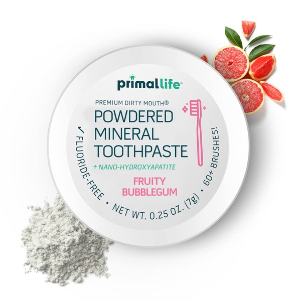Primal Life Organics - Dirty Mouth Toothpowder, Tooth Cleaning Powder, Flavored Essential Oils with Natural Kaolin & Bentonite Clay, Good for 200+ Brushings, Organic, Vegan (Sweet Bubblegum, 0.25 oz)