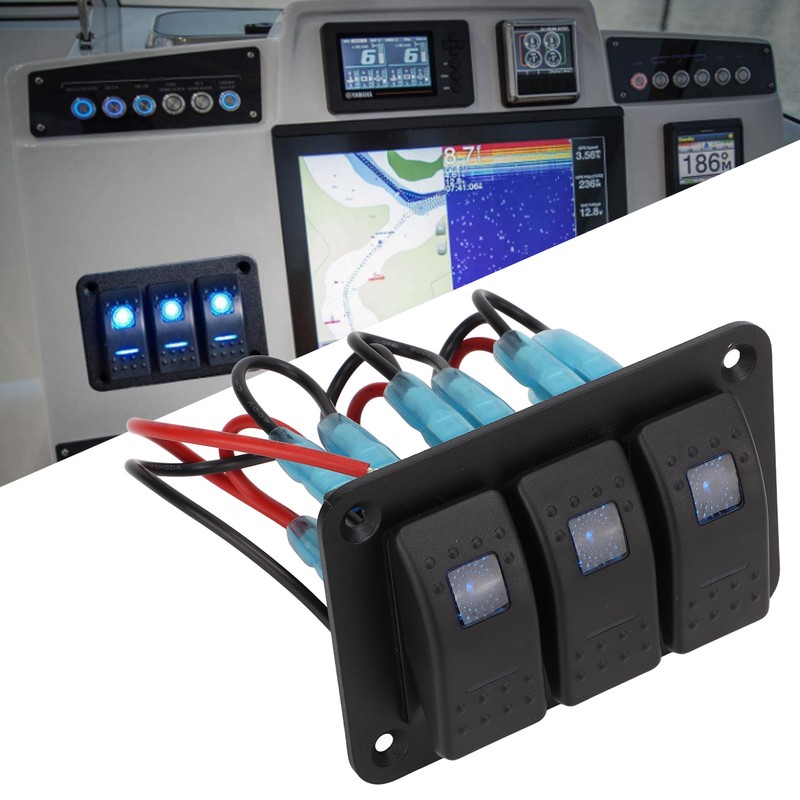 3 Gang Rocker Switch Overcurrent Protection LED Blue Backlit IP65