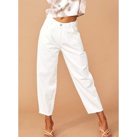 Astylish Women White Jeans High Waist Casual Loose Boyfriend Mom Denim Pants White Size 8