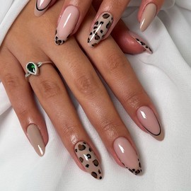 MERVF Almond Press on Nails Medium Fake Nails Light Brown French Tip Glue ons Leopard Design Stiletto Fall Cheetah Acrylic False Nail Glossy 24pcs
