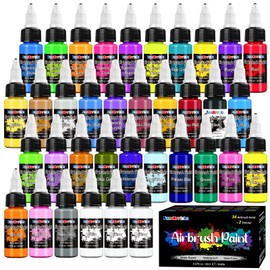FansArriche Airbrush Paint Set, 34 Colors Acrylic Air brush Paint Kit with 2 Thinner, Ready to Spray Water-based Opaque & Neon Colors for Beginners, Artists, DIY Projects, 20 ml/Bottle