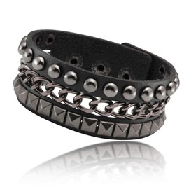 JJDreams Leather Bracelet Punk Rivets Bracelet Gothic Press Stud Wide Bangle Black Rock Cuff, Faux Leather