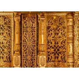Loccor Fabric 10x8ft Hindu Temple Backdrop Golden Indian Traditional Entrance Doors Columns Temple Wall Photography Background Travel Party Wedding Photo Booth Studio Props Hinduism Religion Wallpaper