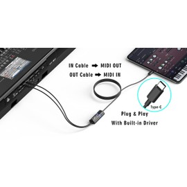 FORE Type-C to MIDI Interface MIDI Cable Adapter with Input&Output Work with Keyboard/Synthesizer/MIDI Device Compatible with iOS&Android Phone/Pad, Windows/Mac OS for Studio Type-C Balck - 6.5Ft