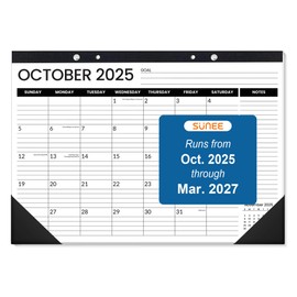 SUNEE Desk Calendar 2025-2026, 18 Months from Oct. 2025 to Mar. 2027, 17"x12" Academic Calendar 2026 for Home, School, or Office - 2026 Monthly Calendar with Note, Black