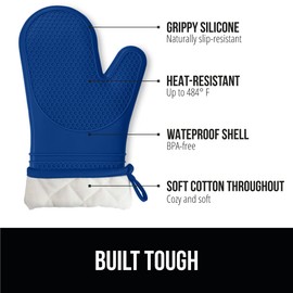 Gorilla Grip Heat and Slip Resistant Silicone Oven Mitts Set, 14.5 in, Soft Cotton Lining, Waterproof, BPA-Free, Extra Long Thick Gloves for Cooking, BBQ, Kitchen Mitt Potholders, Blue