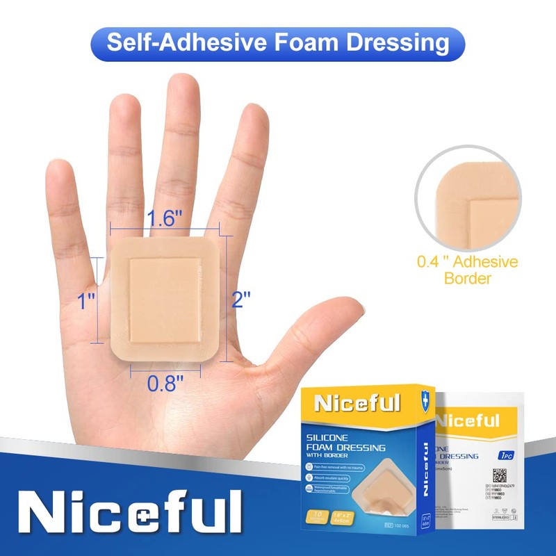 10 Count Silicone Foam Dressing 1.6" x 2", Wound Dressing