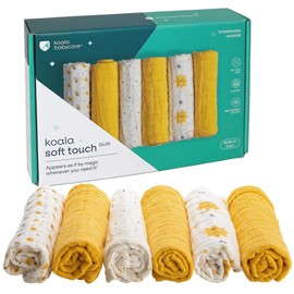 KOALA BABYCARE - Muslin Cloths Baby 30 x 30 cm Made of Soft Cotton - Burp Cloths Baby Pack of 6 - Muslin Cloth Baby Absorbent and Breathable Ideal for Cleaning and Drying - Yellow