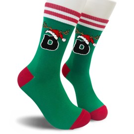Christmas Funny Initial Socks with Stripes & the Letter ‘D’ in A Cute Caribou Horn Christmas Hat, Christmas Gifts for Family, Friends, Classmates, Christmas Outfits, Christmas Socks. (146)