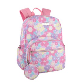 Jessica Simpson Women’s Designer Laptop Backpack with Side Pockets, Wallet | 2 Piece Backpack Change Purse Set for Women (Pink Flower Bloom)