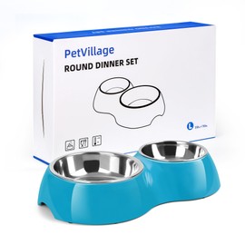 PetVillage Elevated Dog Bowls Set - Non-Slip Raised Pet Feeder with Medium (2 Cups) & Large (4 Cups) Stainless Steel Bowls - Includes Durable Resin Stand for Puppies, Adult Dogs & Cats - Blue