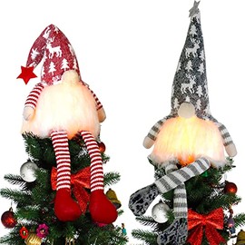 Gnome Tree Topper with Lights, Gnome Tree Topper Lighted Used for Christmas Decoration (Gray+Red) 2PC Set