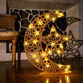 DoubleFill Eid Crafts Night Light Wooden Ramadan Star Crescent Mubarak Lamp Decor Glittery Moon Eid Decor with Battery Operated LED Eid Ornament Gift for Holiday Table Party