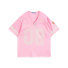 Aelfric Eden Jersey Shirts for Women Y2k Oversized V Neck Graphic Tees Football Number Streetwear T Shirt Tops Pink S