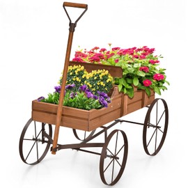Aurcs Wooden Wagon Planter, Garden Wagon Cart Planter Pot Stand w/ 2 Planting Section, Adjustable Handle, Rolling Wheels, Planter Box Display for Succulent, Flowers, Vegetables (Natural)