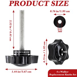 4 Set Replacement Arm Adjustment Knobs Rollator Walker Replacement Knobs Adjustment Bolts Drive Walker Replacement Parts, M6 Track Bolt Set T Track Bolts for Vive Mobility (Black)