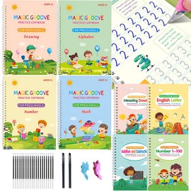 Grooved Handwriting Practice for Kids, Magic Grooved Writing Practice with 4 Large and 4 Small Workbooks, Reusable Grooved Handwriting Workbooks for Kids Ages 3-8, Magic Copybook
