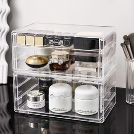 FKTXCO Clear Stackable Makeup Organizer with Drawer, Vanity Countertop Containers Skincare Organizers Storage Bins, Cosmetic Holder Display Case for Cabinet, Pantry, Dresser, Bedroom Bathroom Desktop
