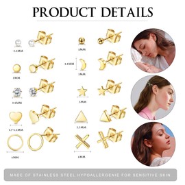 KALVICA 10 Pairs Small Stud Earrings for Women Girls Stainless Steel Hypoallergenic Earrings Set Multiple Geometric Tiny Ball Star Heart Pearl Piercing Ear Studs Cubic Zirconia Earrings for Girls